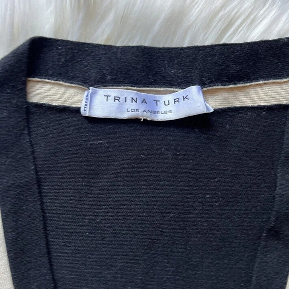 Trina Turk Cardigan Cashmere Silk Wool Black/cream Striped Pockets Sweater Sz M - Picture 3 of 9